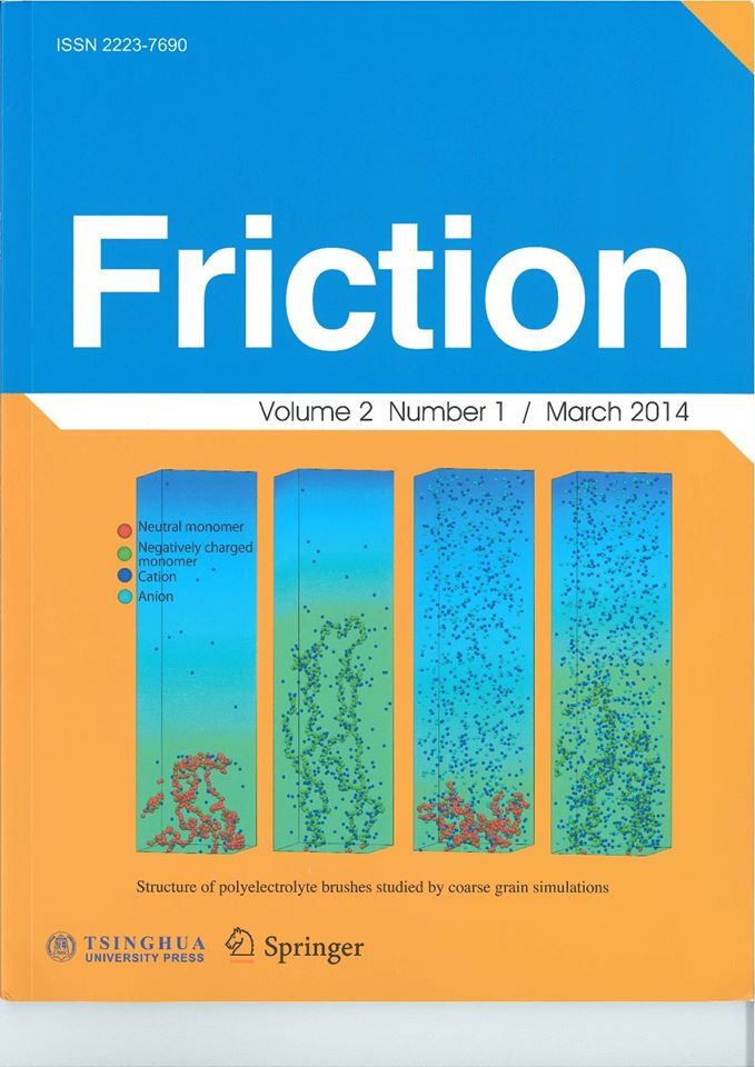 H. Washizu, T. Kinjo, H. Yoshida., Structure of polyelectrolyte brushes studied by coarse grain simulations, Friction, 2 (1), 73-81. (2014). selected as cover page クリックで拡大